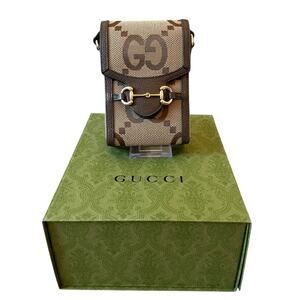 GUCCI Jumbo GG Mini Messenger Phone Bag in Logo Canvas Camel Ebony New